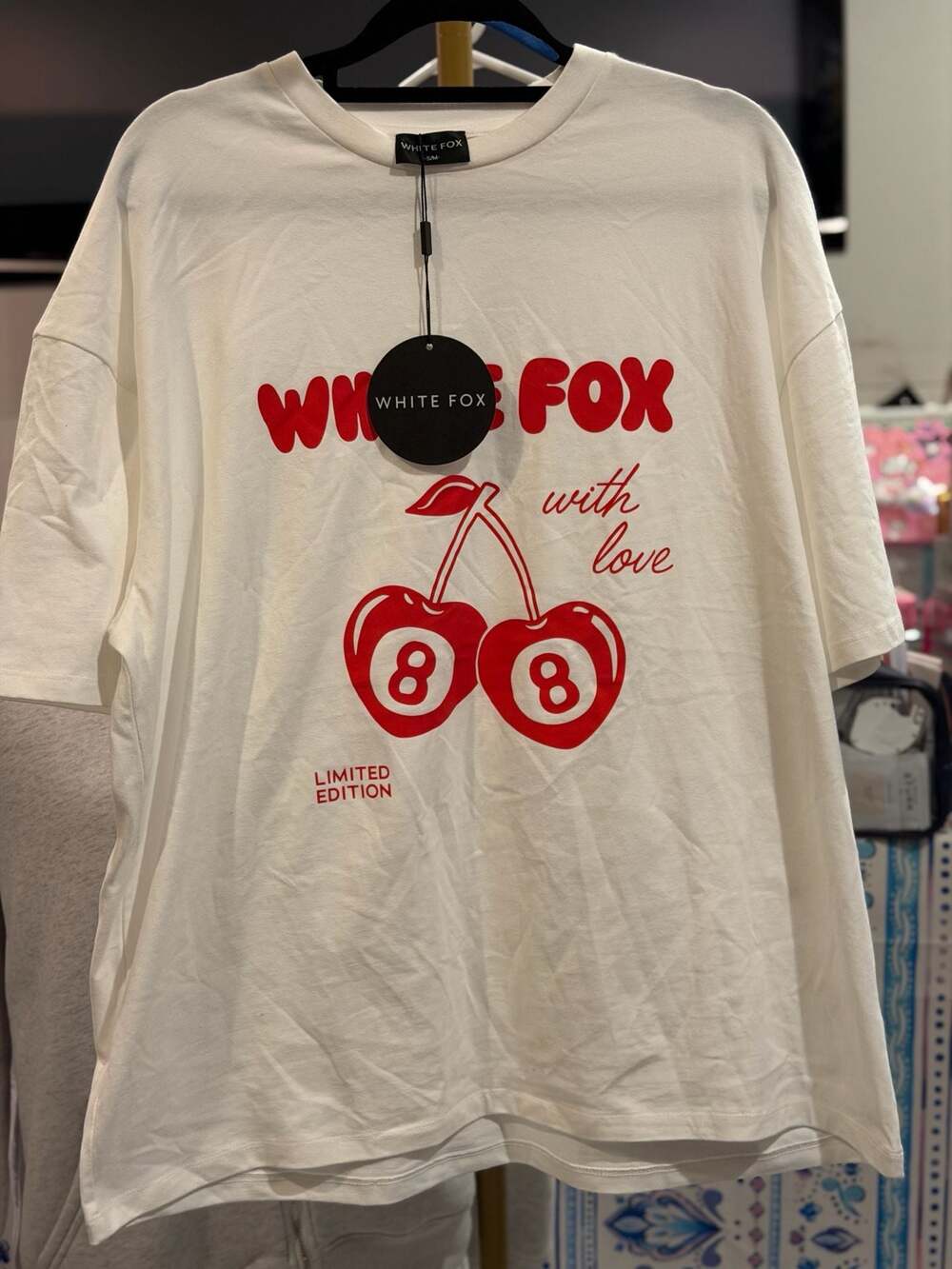White Fox With Love In The Moment Oversized Graphic Tee Cherry 8-Ball NWT